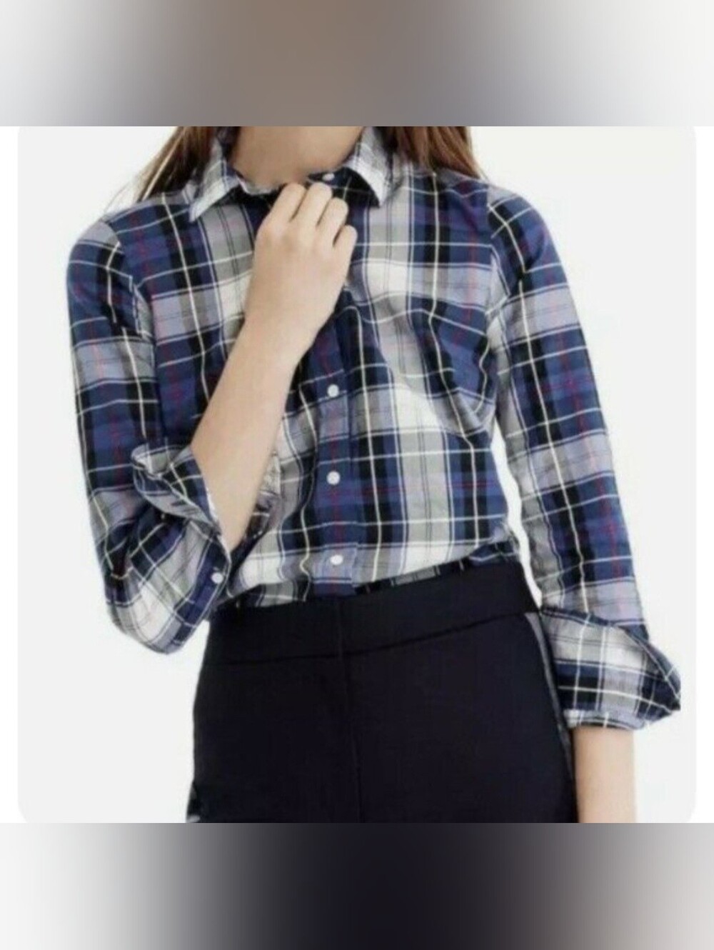 J.Crew Perfect Shirt 4 Navy Blue Stewart Plaid Long Sleeve Cotton Top Preppy